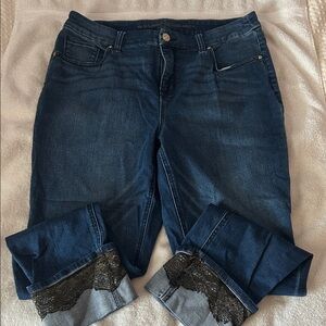 Chico’s Dark Indigo So Slimming Girlfriend Ankle Jeans with Lace Cuff. Sz 1